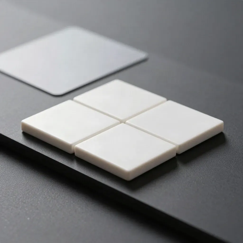 Matte white CMS module with two companion tiles and a folded guide block on a black studio plinth