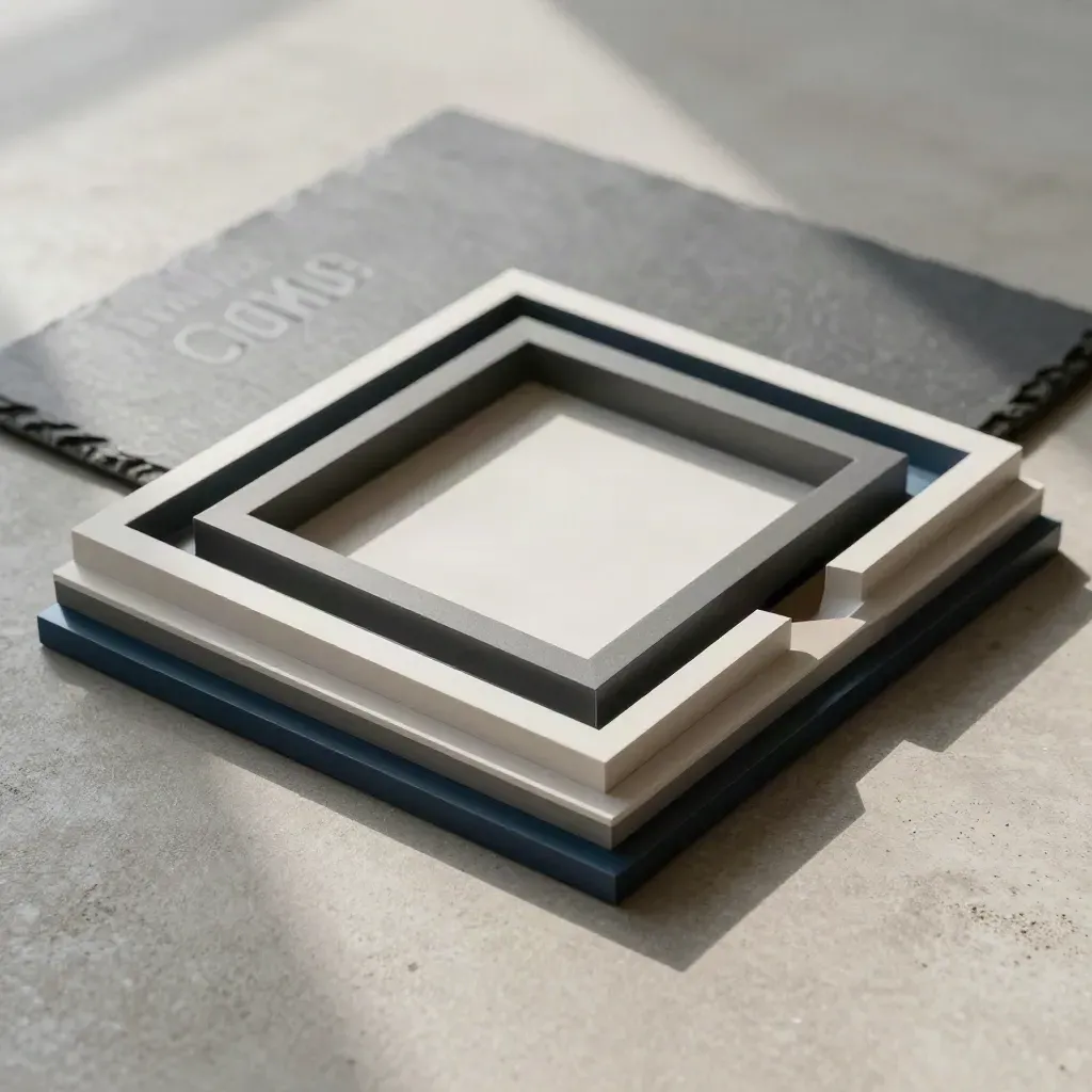 Overhead flatlay of modular template frames, a folded master plate, and slate backing on concrete.