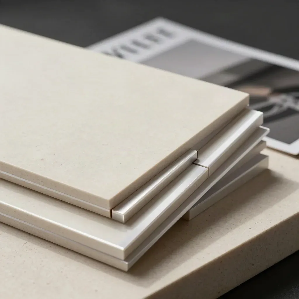 Macro of travertine blocks stacking diagonally in a soft haze, premium CMS product shot