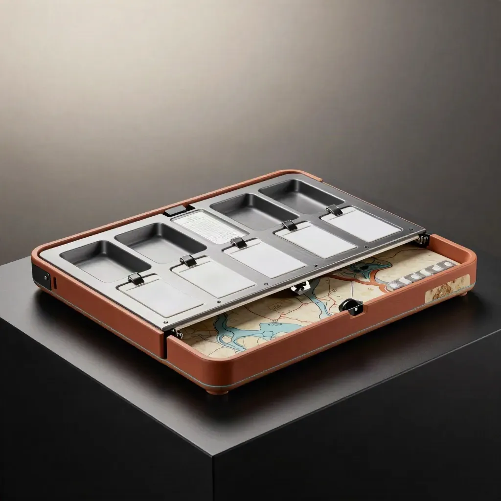 Dramatic custom field kit with trays, blank chips, and a sculpted base in a dark studio.