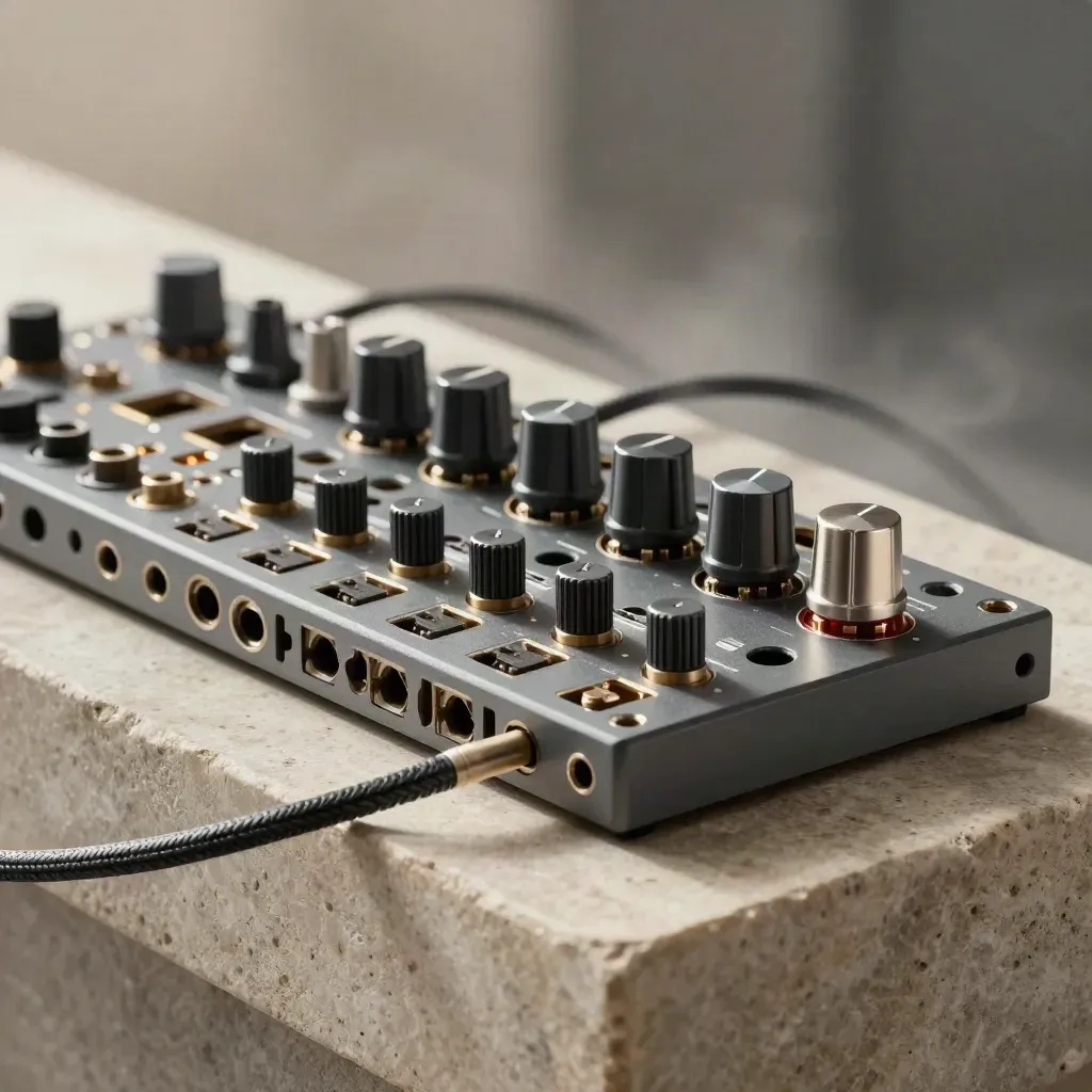 Macro of modular developer API modules with braided cables and port blocks in slate gray.