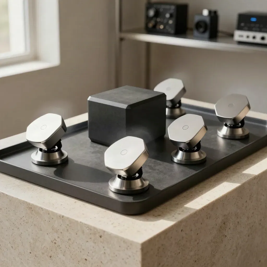 Multi-site CMS control hub with four satellite nodes on a matte tray in a moody studio set